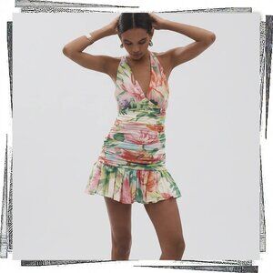 NWT: Floral Halter Mini Dress w V-Neckline, Ruching & Ruffled Hem (6) Bardot